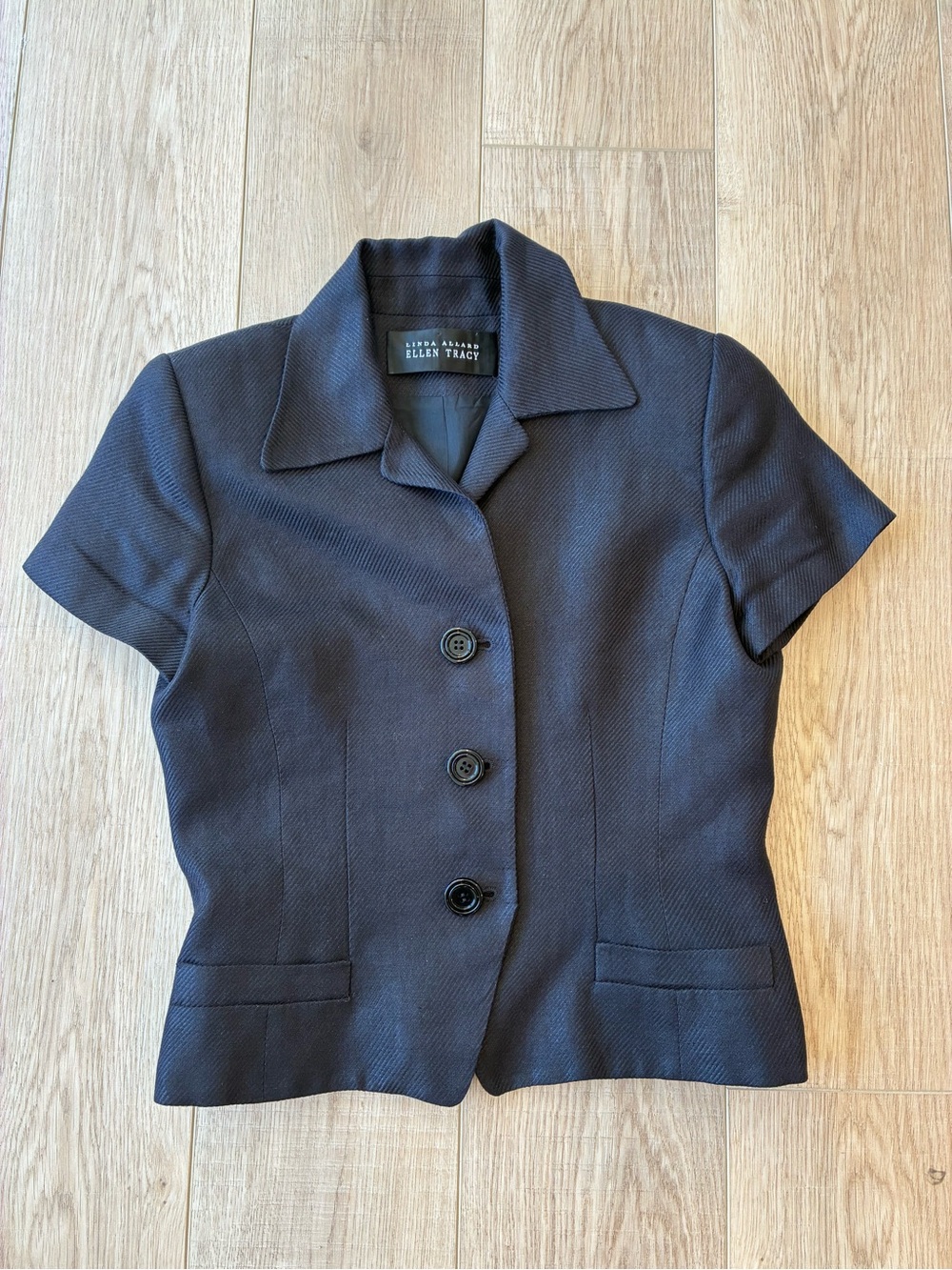 Ellen Tracy black short sleeve suit top heavy duty linen acetate lined collar 8
